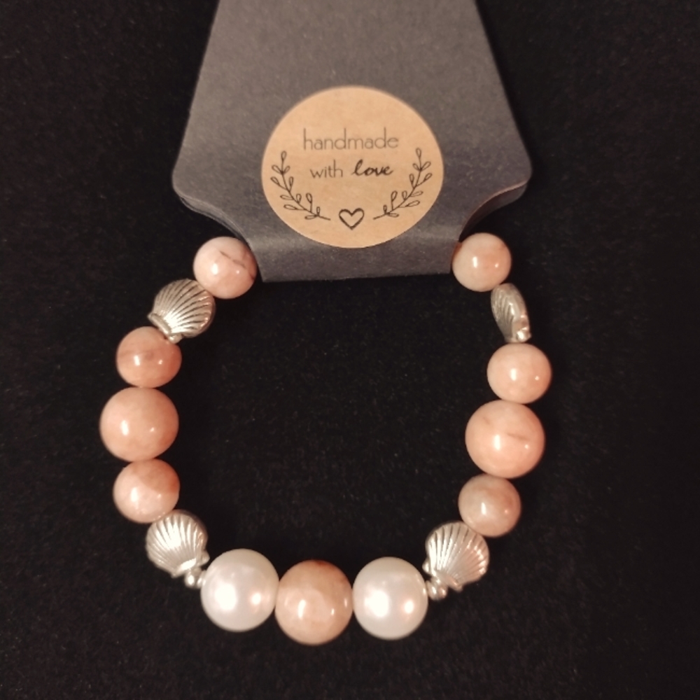 Sun Stone Faux Pearl and Silver Shell bead Bracelet
